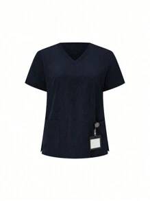 TaskEZ 2pcs Plus Size V-Neck Casual Daily Wear Summer Short Sleeve Top And Pants Set, Plus Size Uniforms & Scrubs - Navy Blue - View 3