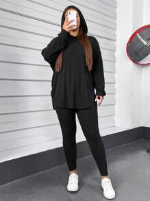 SHEIN Tall CURVE 纯色罗纹长袖连帽 T 恤和紧身裤两件套 - 黑色 - 查看 4
