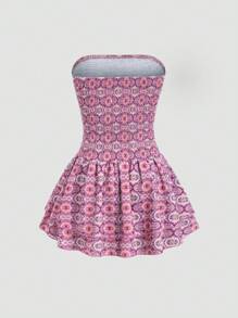 SHEIN Unity 女士全印花褶皱腰休闲抹胸连衣裙 - 粉色 - 查看 2