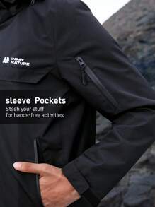 In My Nature 女士简约字母印花前拉链长袖连帽户外夹克冬季女式上衣 - 黑色 - 查看 3