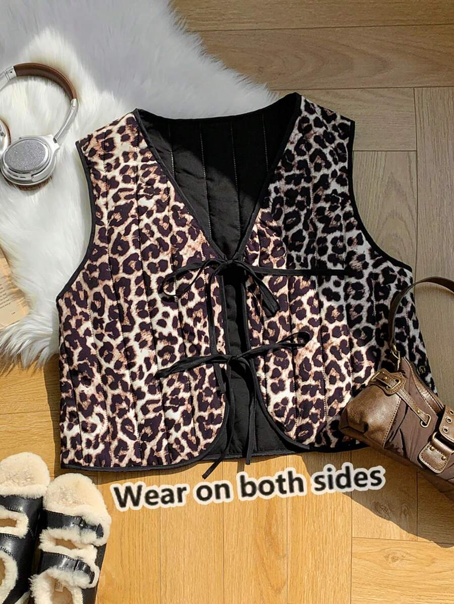 SHEIN EZwear Gilet sans manches réversible matelassé à col en V et nœud, imprimé léopard, style décontracté, tailles grandes, automne-hiver pour femmes