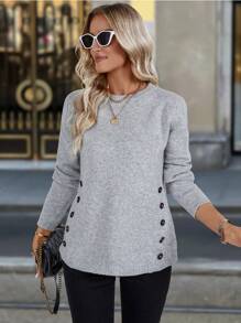 Chiquease Blusa sencilla de cuello redondo, manga larga y botones decorativos, jersey de punto para otoño e invierno - Gris - Ver 3