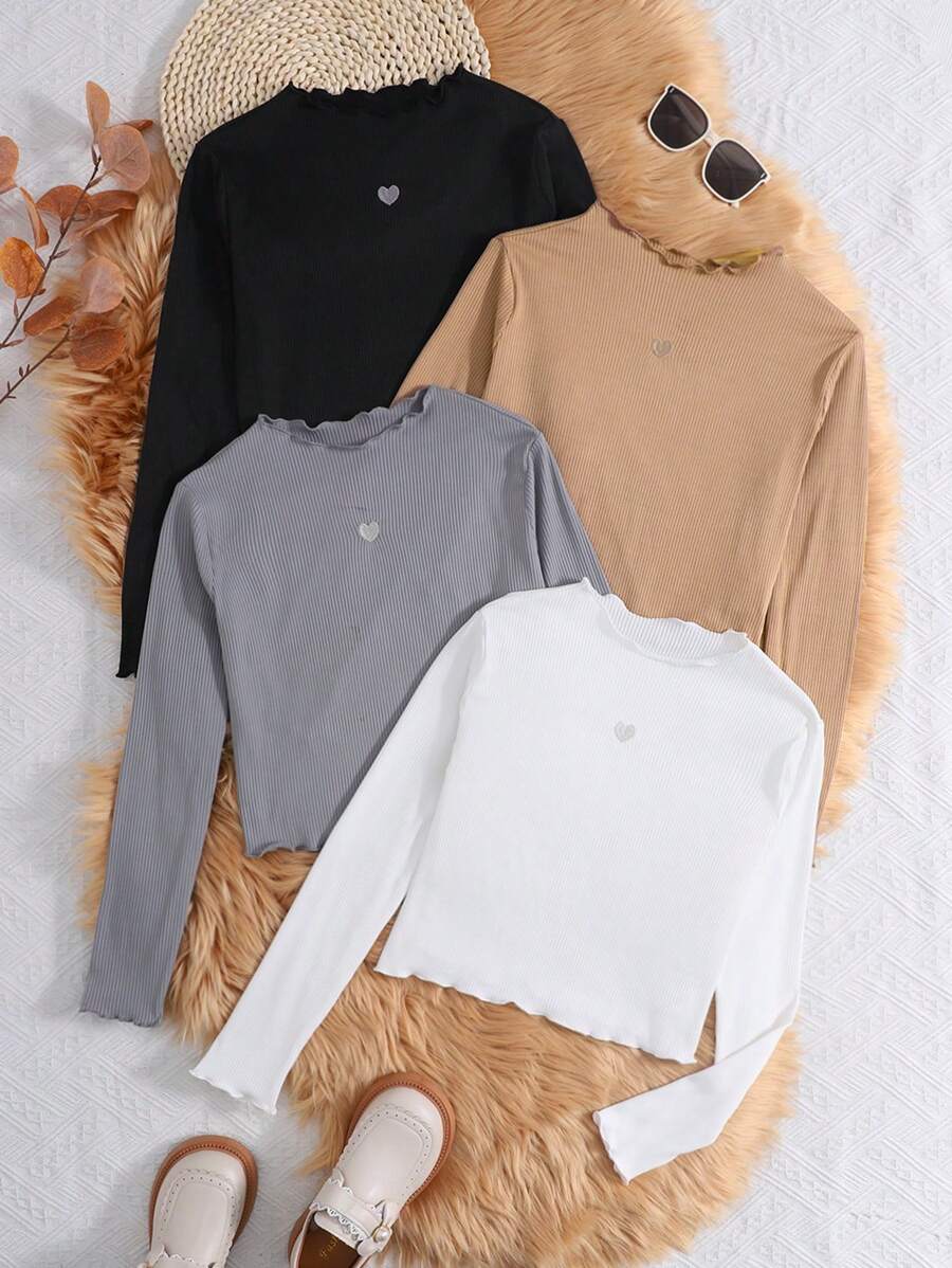 SHEIN Girlism Tween 女童休闲简约舒适波浪领心形图案缀饰 T 恤套装 - 彩色 - 查看 1