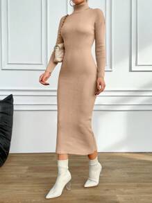 EURMUSE 女士修身高領毛衣連衣裙 - 杏色 - 查看 3