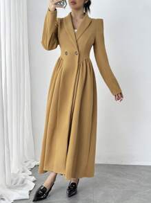 Chiquease Abrigo largo de lana de doble botonadura con pliegues y manga larga, unicolor, térmico, para mujer