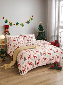 3 件套儿童圣诞树鹿礼物图案双面彩色丝滑缎子羽绒被套床上用品套装，柔软透气防皱，更适合睡眠，豪华酒店风格，送给妈妈爸爸朋友的礼物，被子被套 * 1 枕套 * 2 特大号双人床尺寸女孩男孩 - 彩色 - 查看 5