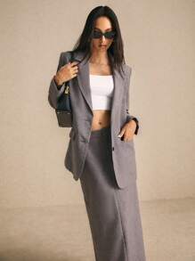 Poéselle 女士单排扣长袖西装外套裙套装，1 件纯色优雅女装套装，上衣和裙子套装，秋季女式西装，裙子套装，灰色，适合办公室穿着，FW24 - 白色 - 查看 6