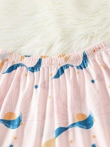 2pcs Teen Girls Pajamas Set Minimalist Line & Moon & Sun & Fallen Leaves Pattern Long Pants & Long Sleeve Casual Comfy Home Outfit - Pink - View 7