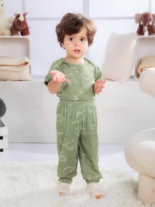 3pcs Baby Boys Outfit Set, Includes Dinosaur Print Romper, Flannel Jacket And Matching Pants, Comfortable, Practical And Fashionable For All Seasons