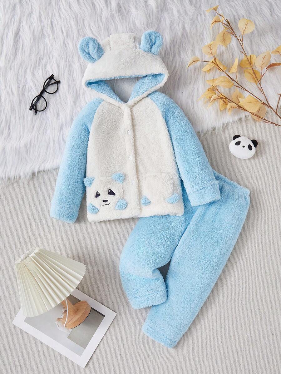 2pcs Young Boy Blue & White Patchwork Warm Cozy Casual Cute Plush Pants & Long Sleeve Top Homewear Pajama Set - Multicolor - View 1