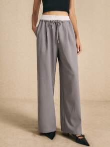 Poéselle Autumn New Style Double-Waisted Drawstring Suit Trousers, Loose Straight Wide-Leg Pants, Floor-Length Wide-Leg Casual Trousers, Going Out Trousers, - Grey - View 3
