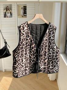 SHEIN EZwear Gilet sans manches réversible matelassé à col en V et nœud, imprimé léopard, style décontracté, tailles grandes, automne-hiver pour femmes