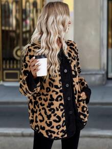 SHEIN LUNE Solid Color Splicing Front Button Long Sleeve Leopard Print Splicing Fluffy Jacket Fall Cloth For Women - Multicolor - View 5