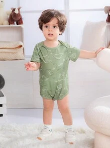 3pcs Baby Boys Outfit Set, Includes Dinosaur Print Romper, Flannel Jacket And Matching Pants, Comfortable, Practical And Fashionable For All Seasons