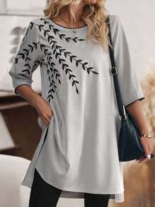 SHEIN LUNE Kvinnors broderi kontrast trim rund hals Casual blus - Ljusgrå - Visa 6