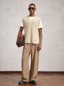 AKNOTIC Business Casual Men's Fitted V-Neck Sleeveless Knit Vest, For Fall Winter - Apricot - View 5