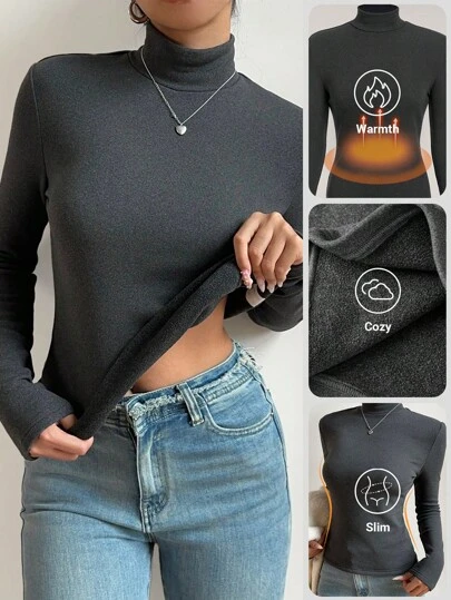 SHEIN BASICS Basic Turtleneck Slim Long Sleeve Solid Color Women's Top For Fall And Winter, Upgraded Thermal Lined Warm Fabric, Stylish, Casual, Comfortable, Versatile Without Looking Bulky