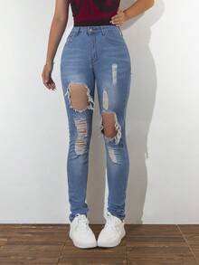 Streetwear Sexy Hole Distressed Ripped Skinny Jeans For Women - Medium Wash - View 5