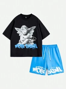 Manfinity RebelGame 2pcs Men's Simple Portrait Printed Round Neck T-Shirt And Lace-Up Shorts Set - Black - View 1