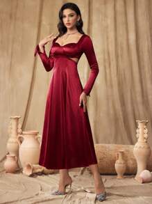 SHEIN Belle Burgundy Red Ladies' Rhinestone Collar Long Sleeve Hollow Simple Casual Cocktail Dress, Wedding Event Dress, Semi Formal Prom Dress, For Birthday, Wedding Guest, Graduation Homecoming - Burgundy - View 3