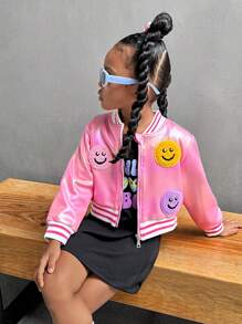 SHEIN Explorewe 2 pièces Set de jeunes filles avec couche d'air rose et imprimé noir / Ce set est composé d'un tissu avec revêtement lavable à la main, le panneau avant est décoré d'une broderie de visages souriants tricolores, doublé avec une doublure thermique, assorti à une robe noire ajustée avec des imprimés amusants, très adapté aux enfants dynamiques qui aiment les paillettes. Nouvelle arrivée Automne/Hiver - Rose bonbon - Voir 4