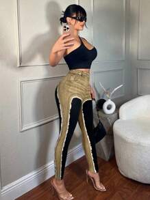 SHEIN SXY Digital Print High Elasticity Skinny Leggings - Brown - View 5