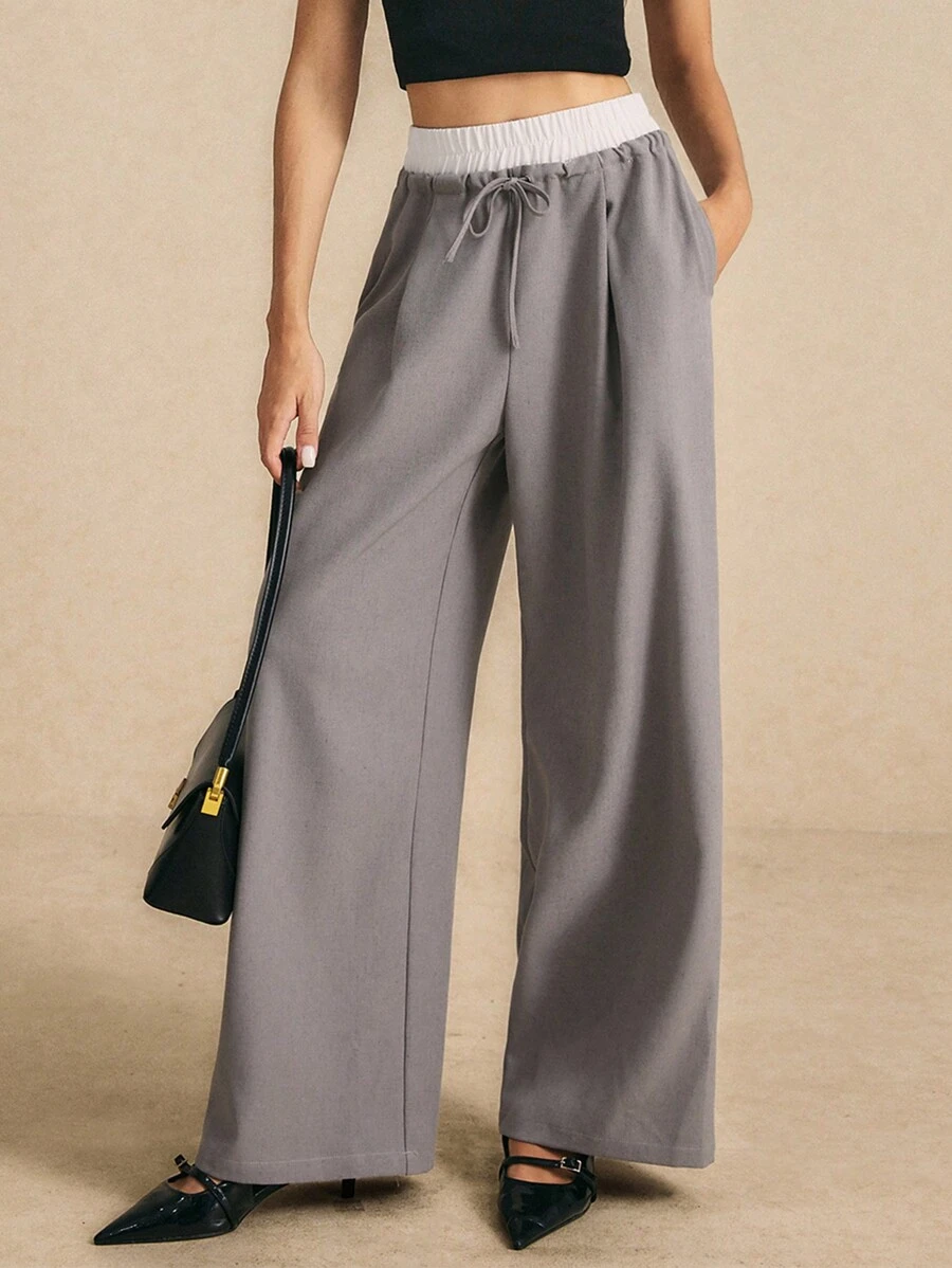 Poéselle Autumn New Style Double-Waisted Drawstring Suit Trousers, Loose Straight Wide-Leg Pants, Floor-Length Wide-Leg Casual Trousers, Going Out Trousers, - Grey - View 1