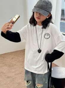 Dazy Kids 女童撞色二合一字母印花T恤，秋季，返校服装 - 白色 - 查看 5