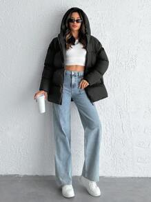 EURMUSE Zip Up Hooded Puffer Coat - Black - View 3