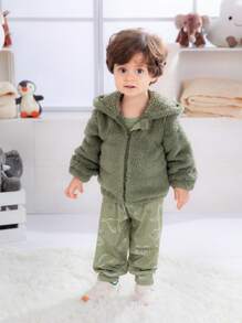 3pcs Baby Boys Outfit Set, Includes Dinosaur Print Romper, Flannel Jacket And Matching Pants, Comfortable, Practical And Fashionable For All Seasons