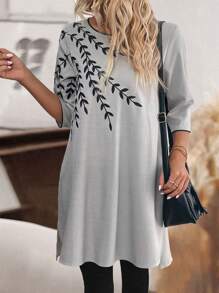 SHEIN LUNE Kvinnors broderi kontrast trim rund hals Casual blus - Ljusgrå - Visa 5