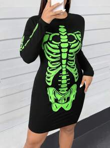 SHEIN Essnce 大码女装秋季新款时尚休闲万圣节衣服纯色夜光发光骷髅装饰长袖包臀紧身连衣裙万圣节连衣裙骷髅万圣节连衣裙黑色连衣裙性感万圣节性感万圣节服装万圣节服装万圣节女装 - 黑色 - 查看 7