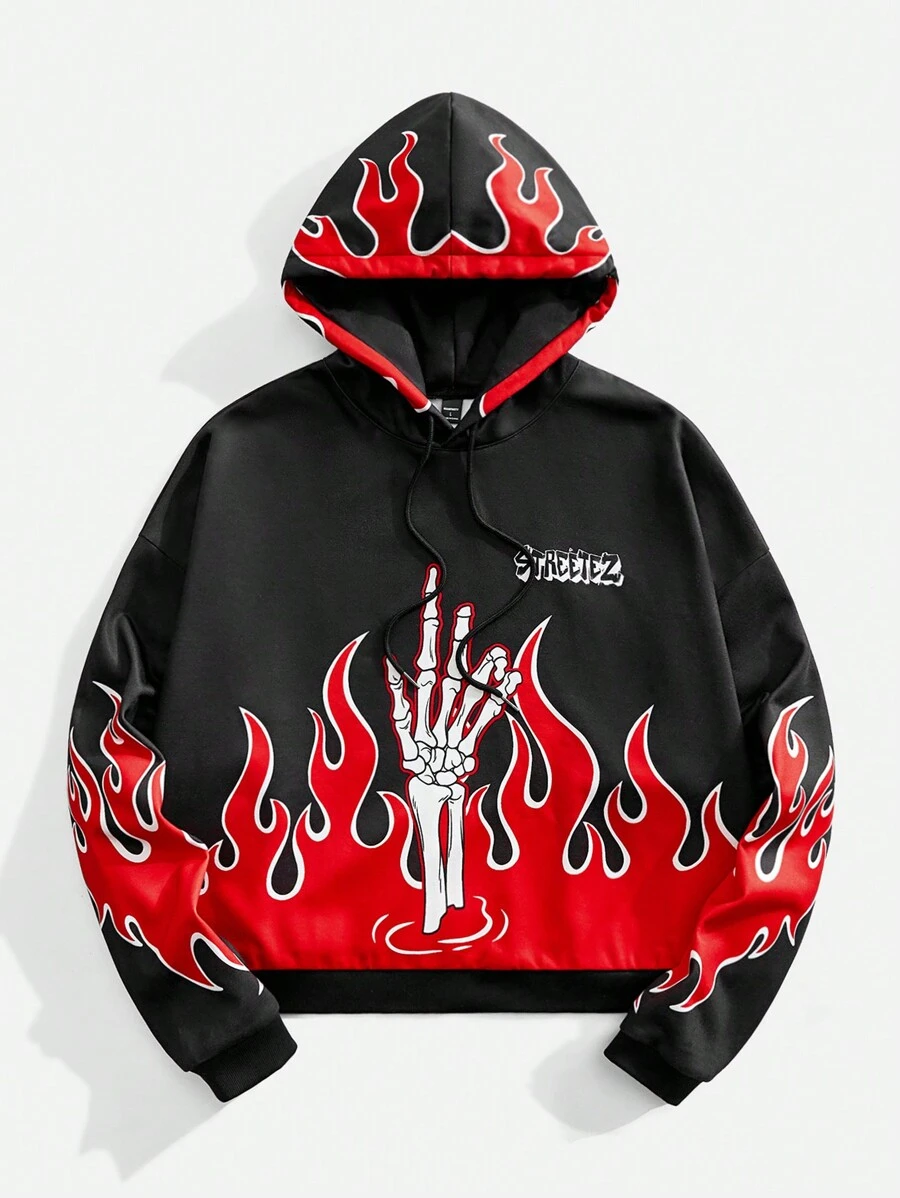 Manfinity VCAY Men's Loose Fit Digital Print Long Sleeve Hoodie, For Fall Winter - Black - View 1