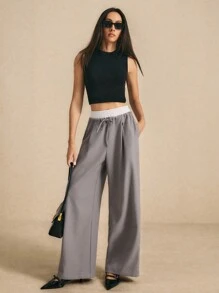 Poéselle Autumn New Style Double-Waisted Drawstring Suit Trousers, Loose Straight Wide-Leg Pants, Floor-Length Wide-Leg Casual Trousers, Going Out Trousers, - Grey - View 5