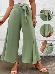 SHEIN Clasi Plus Size Solid Color Woven Knotted Wide-Leg Casual Pants Fall Cloth For Women - Green - View 1