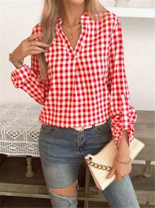 女式缺口领长袖格子休闲衬衫