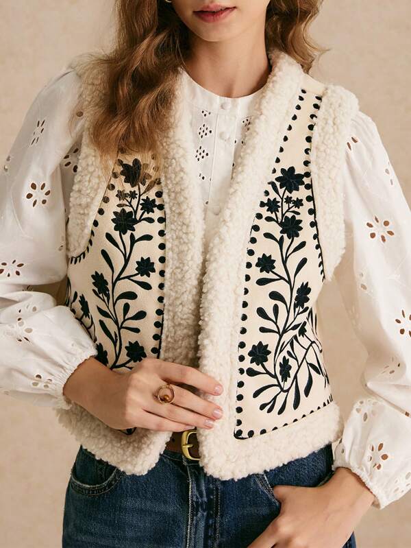 Poéselle Women's Printed Plush Sleeveless Fashion Jacket, Warm All The Autumn And Winter Wear Suitable For Daily Street, Holiday, Home Wear