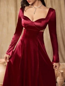 SHEIN Belle Burgundy Red Ladies' Rhinestone Collar Long Sleeve Hollow Simple Casual Cocktail Dress, Wedding Event Dress, Semi Formal Prom Dress, For Birthday, Wedding Guest, Graduation Homecoming - Burgundy - View 6