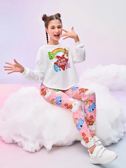 SHEIN X Care Bears 少女卡通熊印花白色运动衫和合身云朵与星星印花紧身裤两件套
