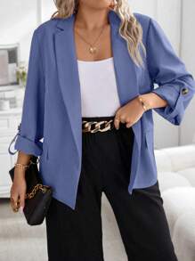 Celure 大码休闲西装外套，缺口翻领，仿口袋设计 - 藍色 - 查看 1