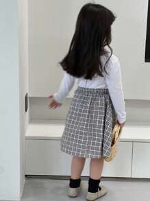 DAZY 2 件套年轻女孩格子拼布长袖上衣和 A 字裙套装，春秋季