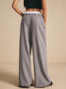 Poéselle Autumn New Style Double-Waisted Drawstring Suit Trousers, Loose Straight Wide-Leg Pants, Floor-Length Wide-Leg Casual Trousers, Going Out Trousers, - Grey - View 2