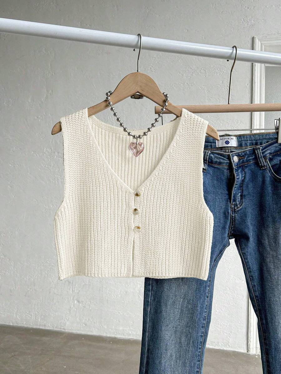 SHEIN Unity 正面纽扣罗纹针织上衣