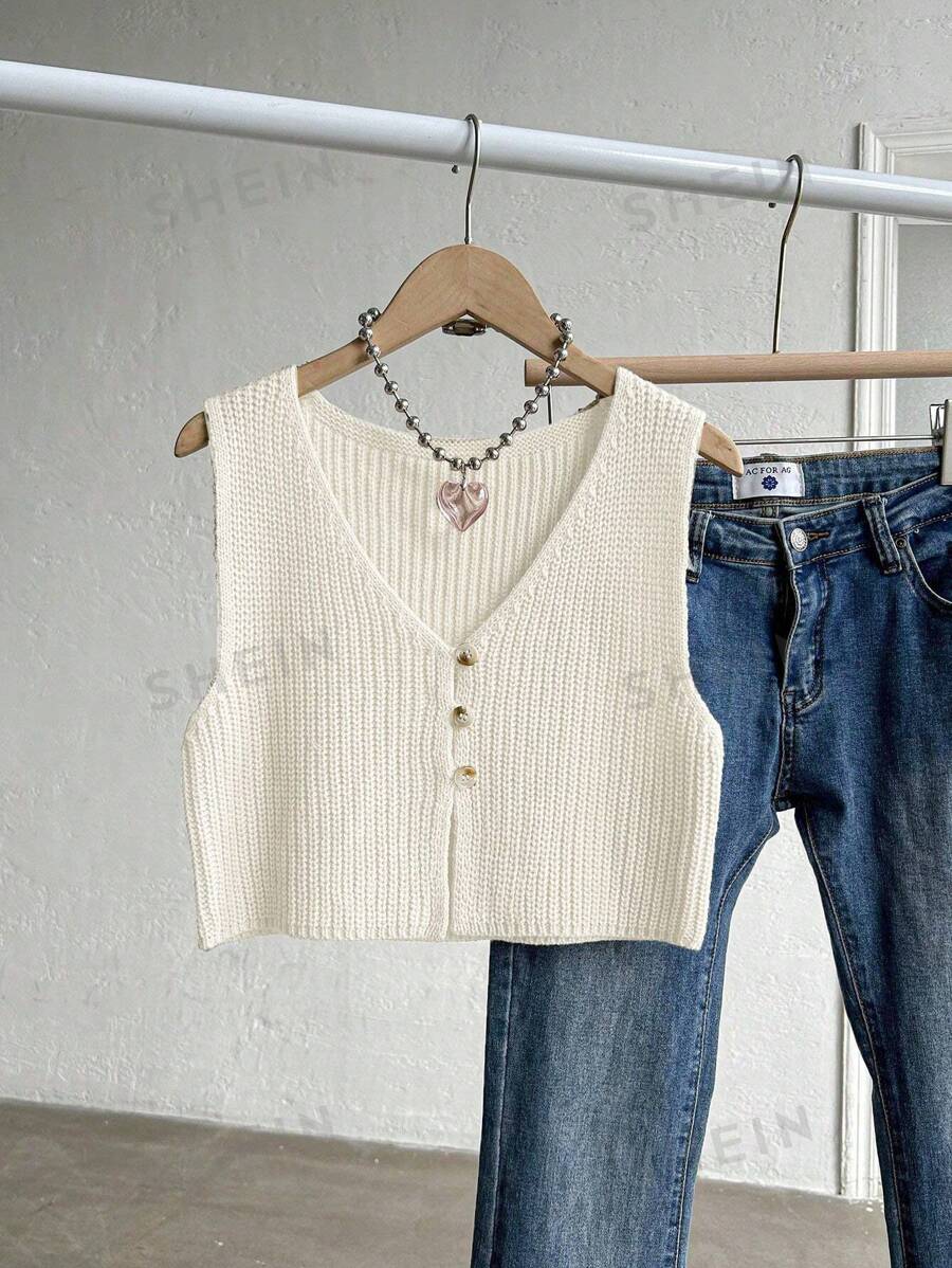 SHEIN Unity Blusa de punto acanalado con botones frontales - Blanco - Ver 1