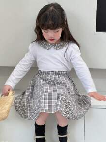 DAZY 2 件套年轻女孩格子拼布长袖上衣和 A 字裙套装，春秋季