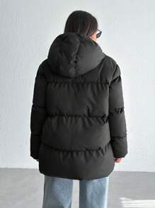 EURMUSE Zip Up Hooded Puffer Coat - Black - View 2