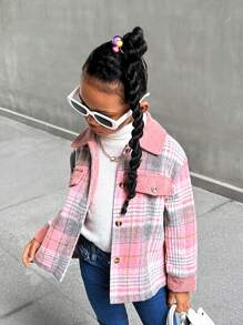 SHEIN Jong meisje geruit patchwork koord casual jasje met decoratieve knopen, herfst/winter