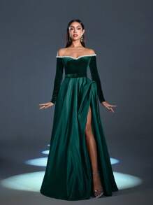 Faeriesty 露肩撞色天鹅绒缎面正式舞会礼服 - 墨綠色 - 查看 8