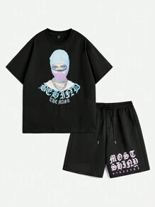 Manfinity VCAY 男士宽松印花圆领短袖 T 恤，适合夏季 - 黑色 - 查看 1