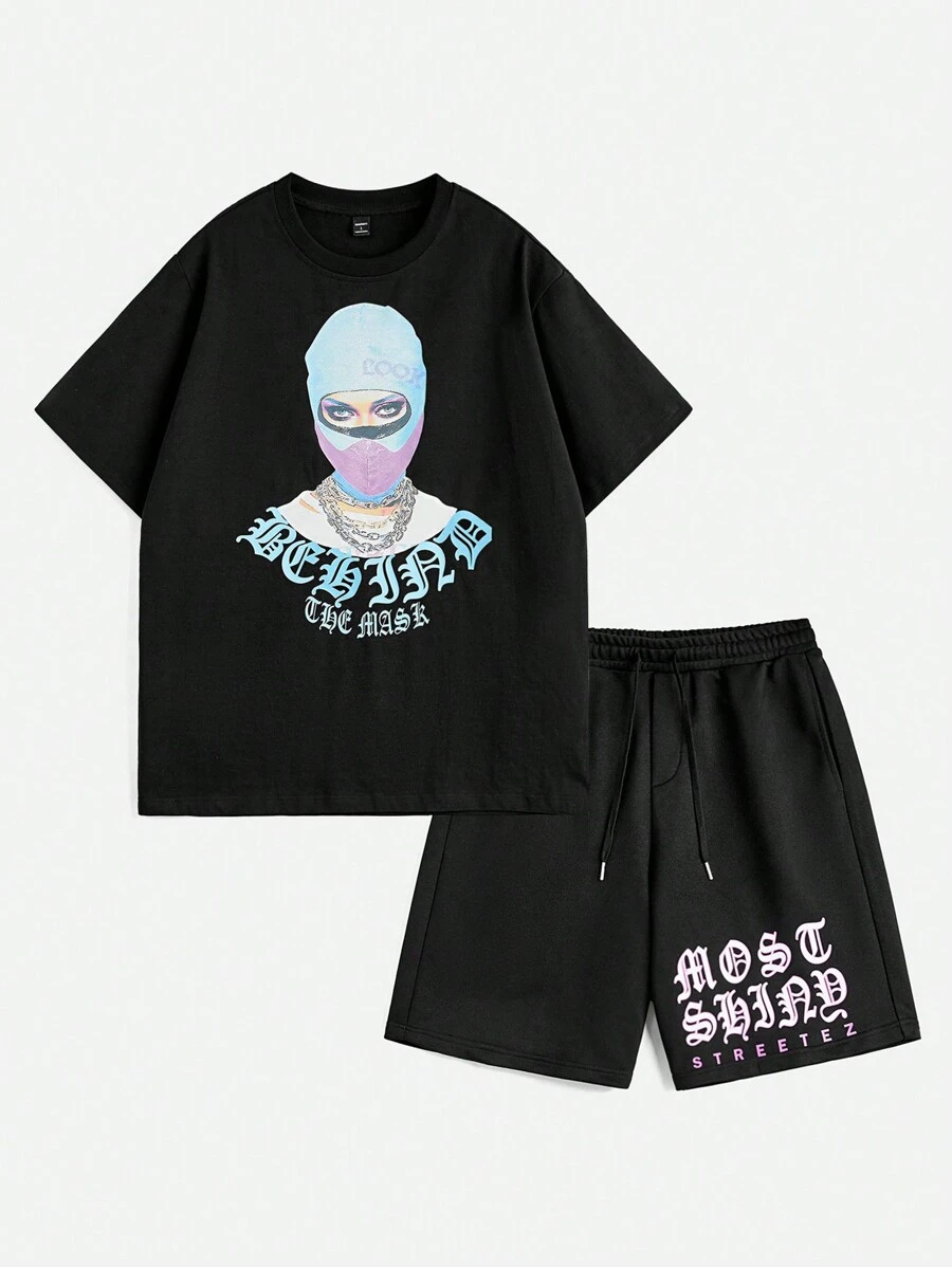 Manfinity VCAY 男士宽松印花圆领短袖 T 恤，适合夏季 - 黑色 - 查看 1